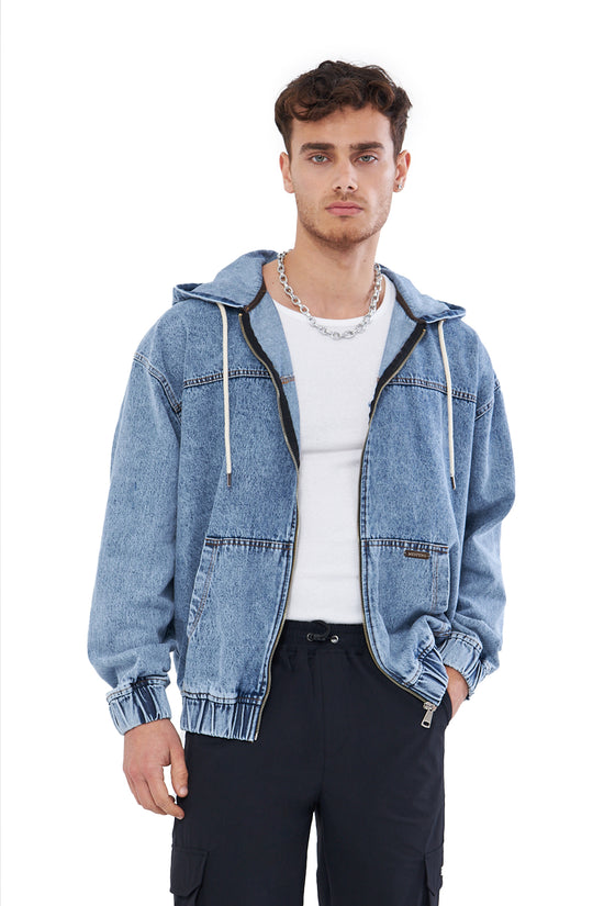 Mesfeno Men's Zip-Up Hooded Denim Sweatshirt