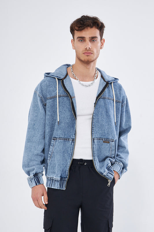Mesfeno Men's Zip-Up Hooded Denim Sweatshirt