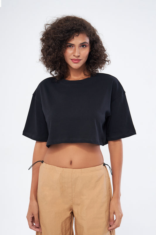 Mesfeno Women's Basic Oversize Thick Fabric Crop T-Shirt
