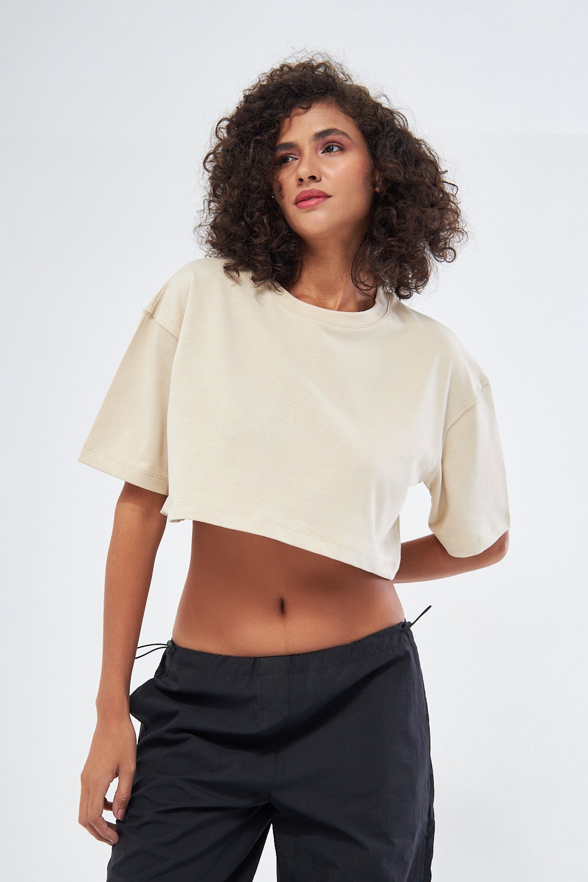 Mesfeno Women's Basic Oversize Thick Fabric Crop T-Shirt