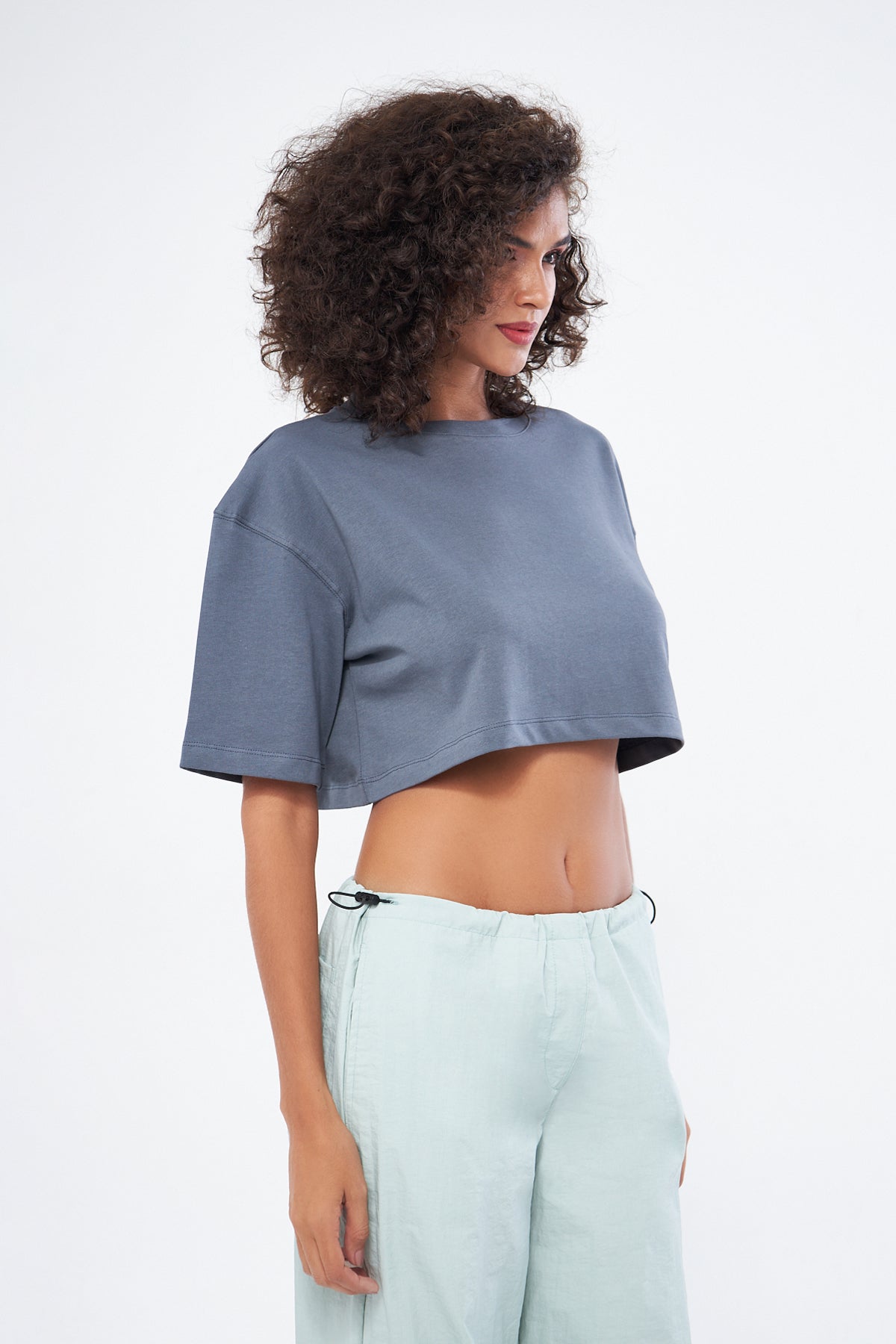 Mesfeno Women's Basic Oversize Thick Fabric Crop T-Shirt
