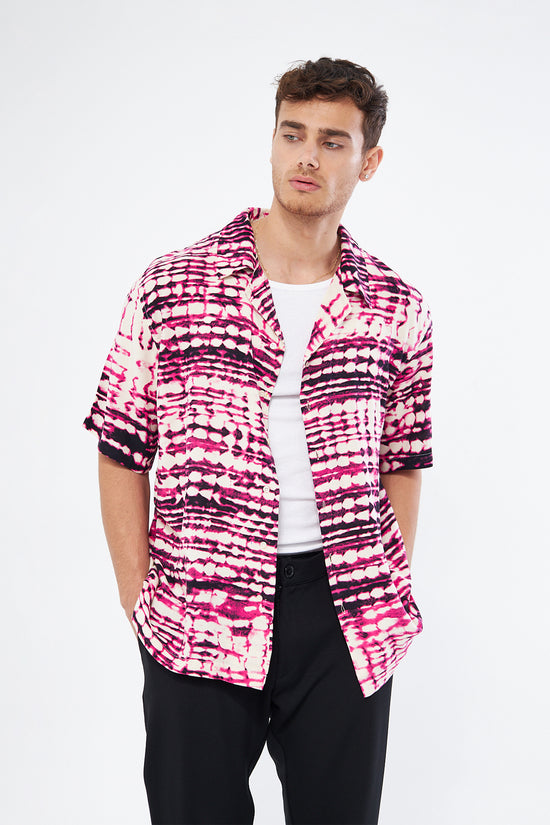 Side view cherry casual button down shirt, oversized fit Cuban collar modern printed design men