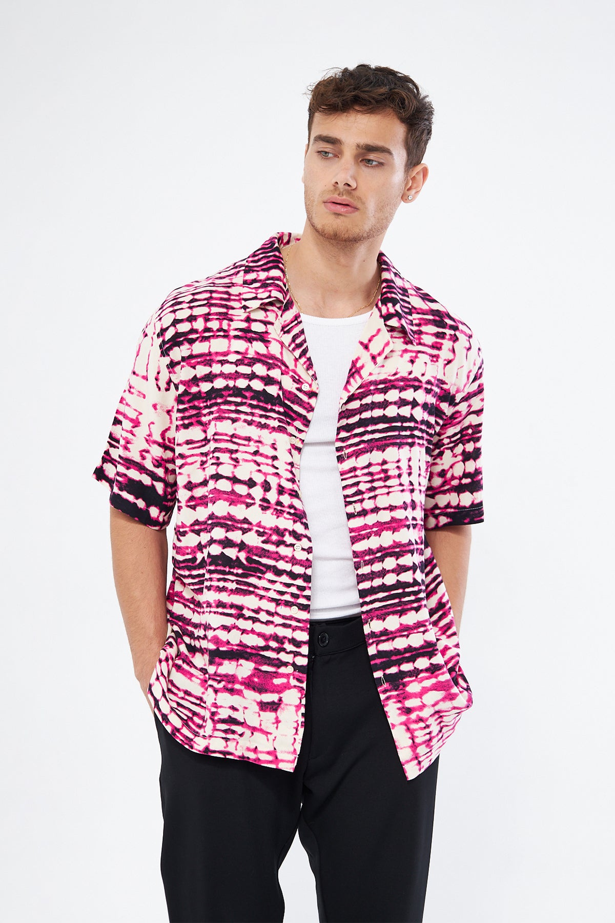 Side view cherry casual button down shirt, oversized fit Cuban collar modern printed design men