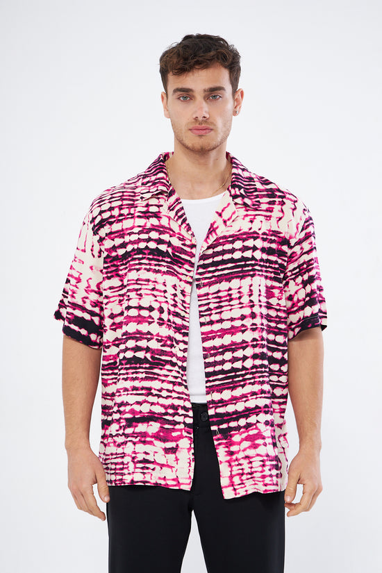 Back view casual button down shirt cherry print, oversized Cuban collar viscose fabric quality