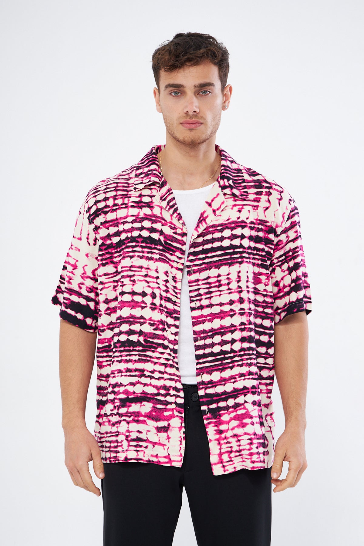 Back view casual button down shirt cherry print, oversized Cuban collar viscose fabric quality