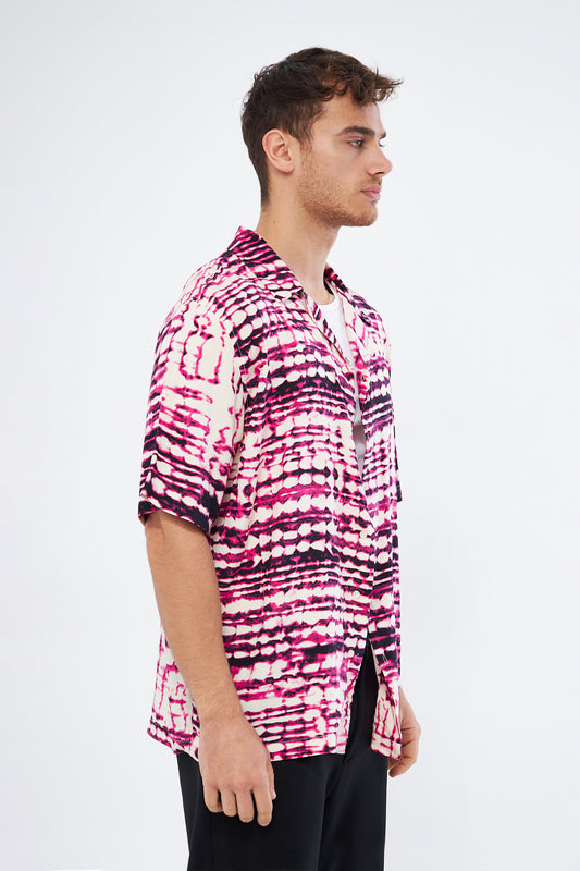 Cherry print casual button down shirt on model, oversized Cuban collar viscose fabric Mesfeno brand