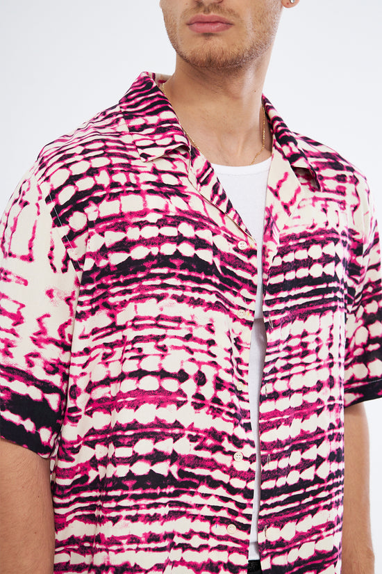 Cherry casual button down shirt fabric texture, premium viscose Cuban collar printed design detail