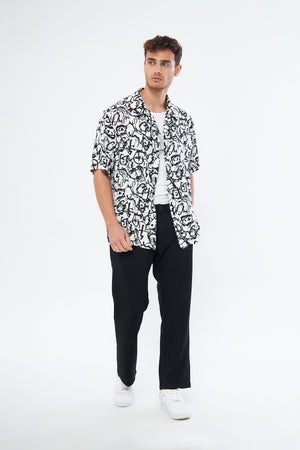 Casual button down shirt black white print Cuban collar oversized viscose by Mesfeno Wear quality