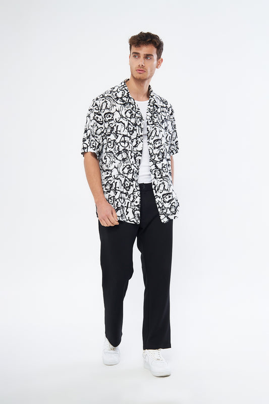 Casual button down shirt black white print Cuban collar oversized viscose by Mesfeno Wear quality