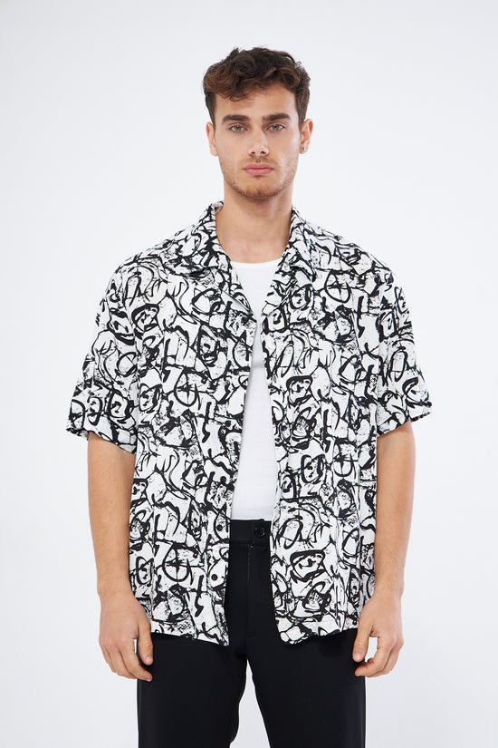 Back view casual button down shirt black white, oversized Cuban collar viscose fabric quality