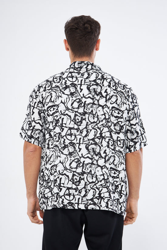 Black white casual button down shirt styled elegantly, Cuban collar oversized viscose classic wear