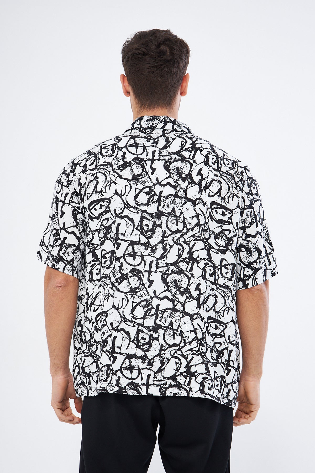 Black white casual button down shirt styled elegantly, Cuban collar oversized viscose classic wear