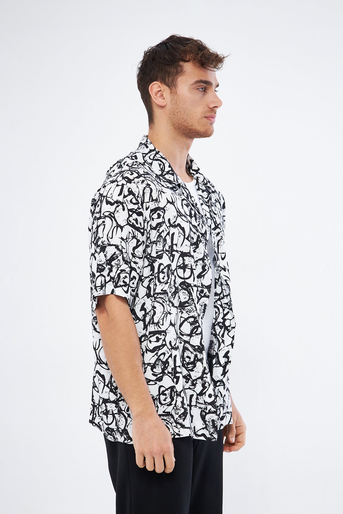 Casual button down shirt black white pattern, Cuban collar viscose premium monochrome design