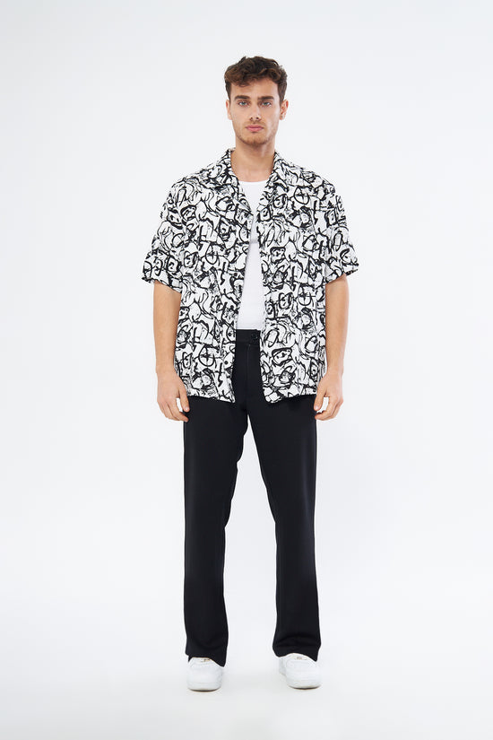Black white casual button down shirt on model, oversized Cuban collar viscose fabric Mesfeno