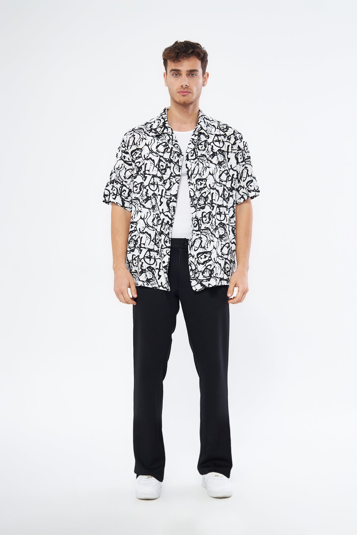 Black white casual button down shirt on model, oversized Cuban collar viscose fabric Mesfeno