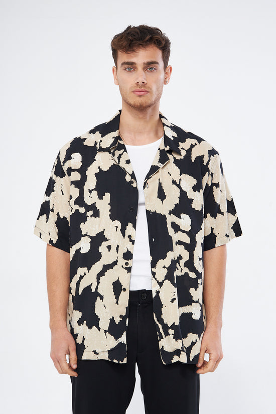 Back view casual button down shirt ecru print, oversized Cuban collar viscose fabric comfort