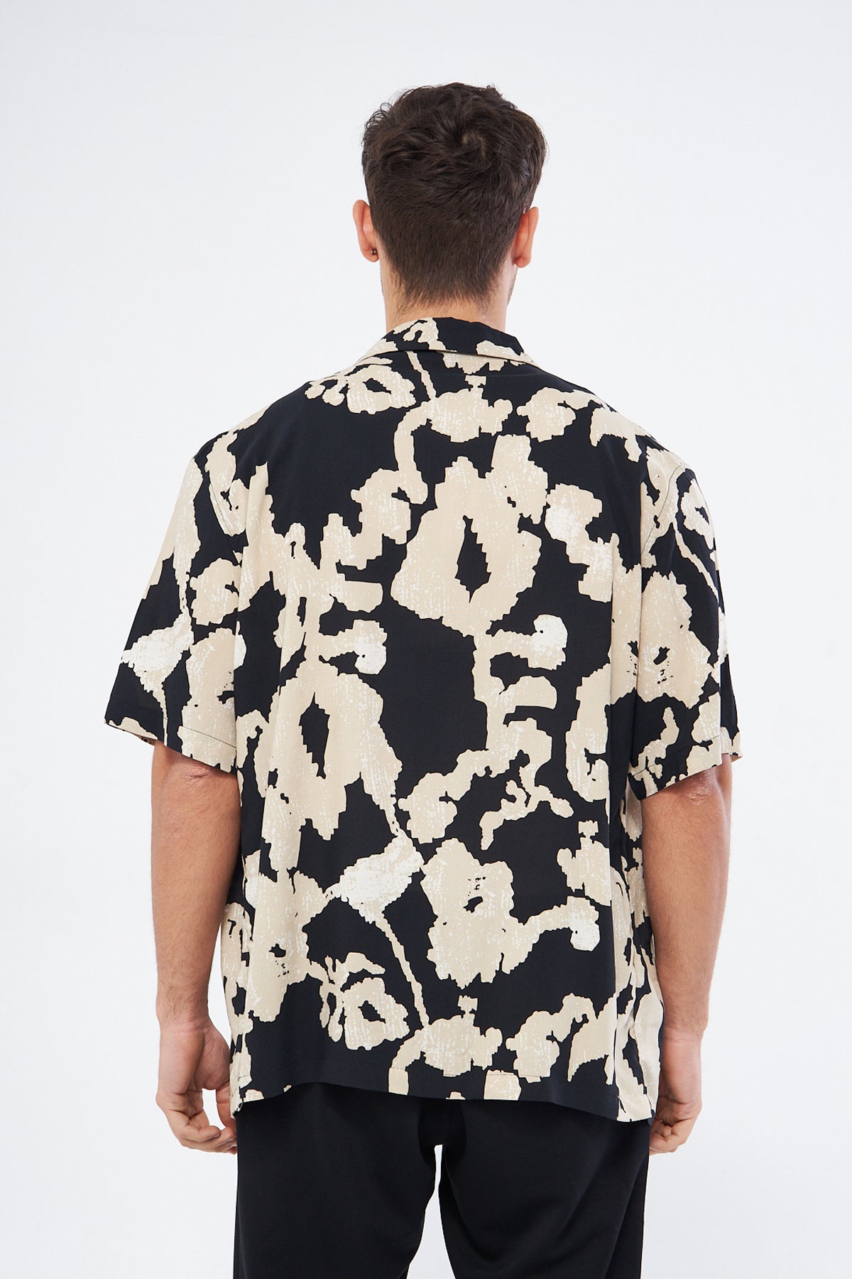 Ecru print casual button down shirt styled neutrally, Cuban collar oversized viscose versatile