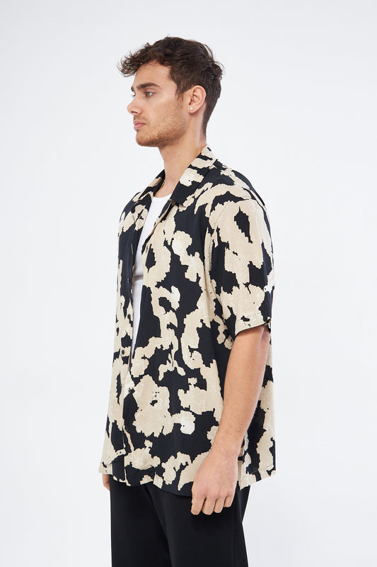Ecru print casual button down shirt on model, oversized Cuban collar viscose quality Mesfeno