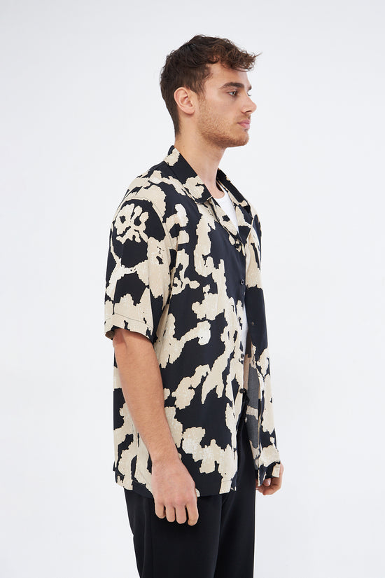 Casual button down shirt ecru pattern detail, Cuban collar viscose premium neutral print design