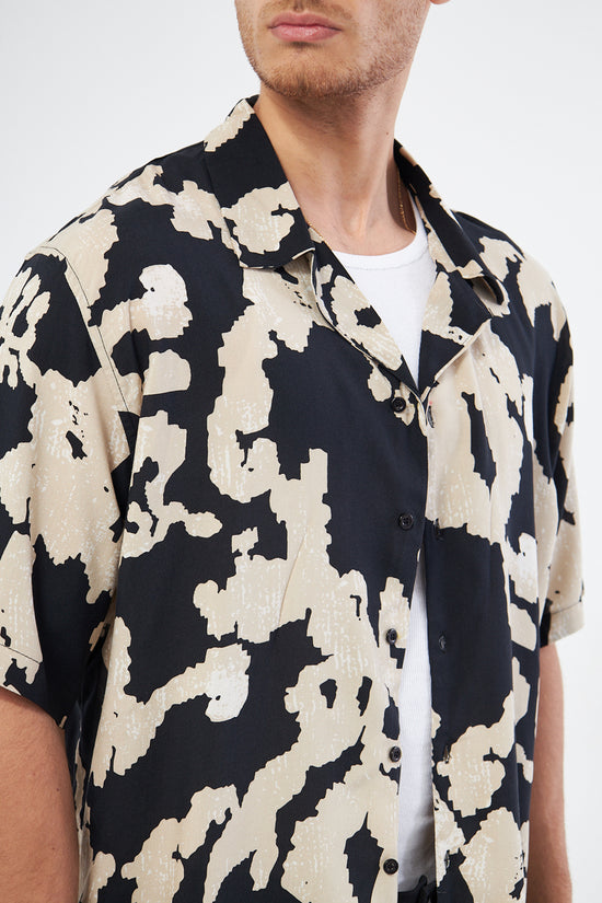 Ecru casual button down shirt fabric texture, premium viscose Cuban collar neutral print detail
