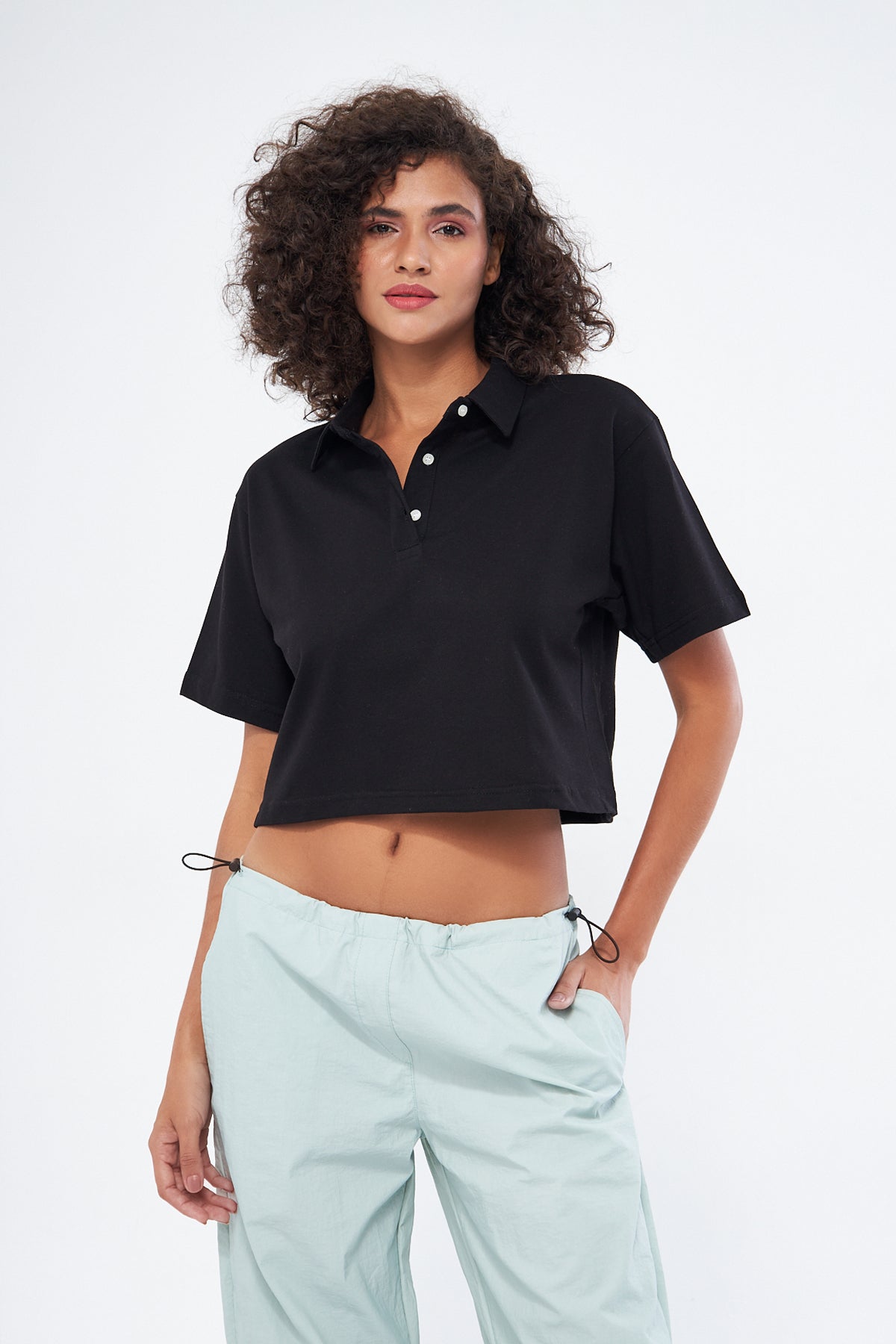 Mesfeno Women's Basic Oversize Crop Polo Collar T-Shirt