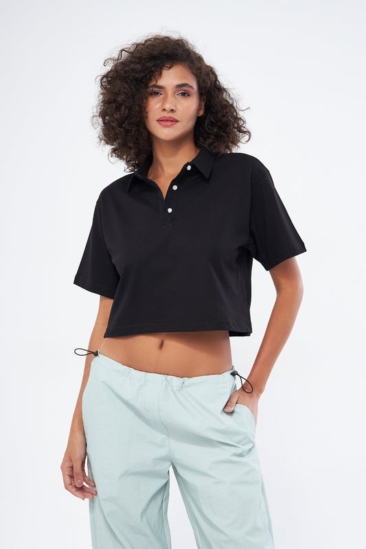 Mesfeno Women's Basic Oversize Crop Polo Collar T-Shirt