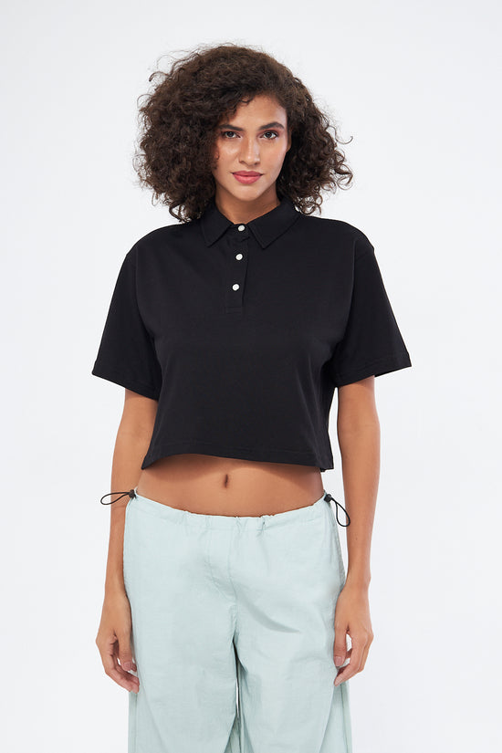 Mesfeno Women's Basic Oversize Crop Polo Collar T-Shirt