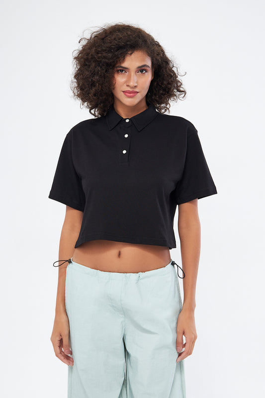Mesfeno Women's Basic Oversize Crop Polo Collar T-Shirt