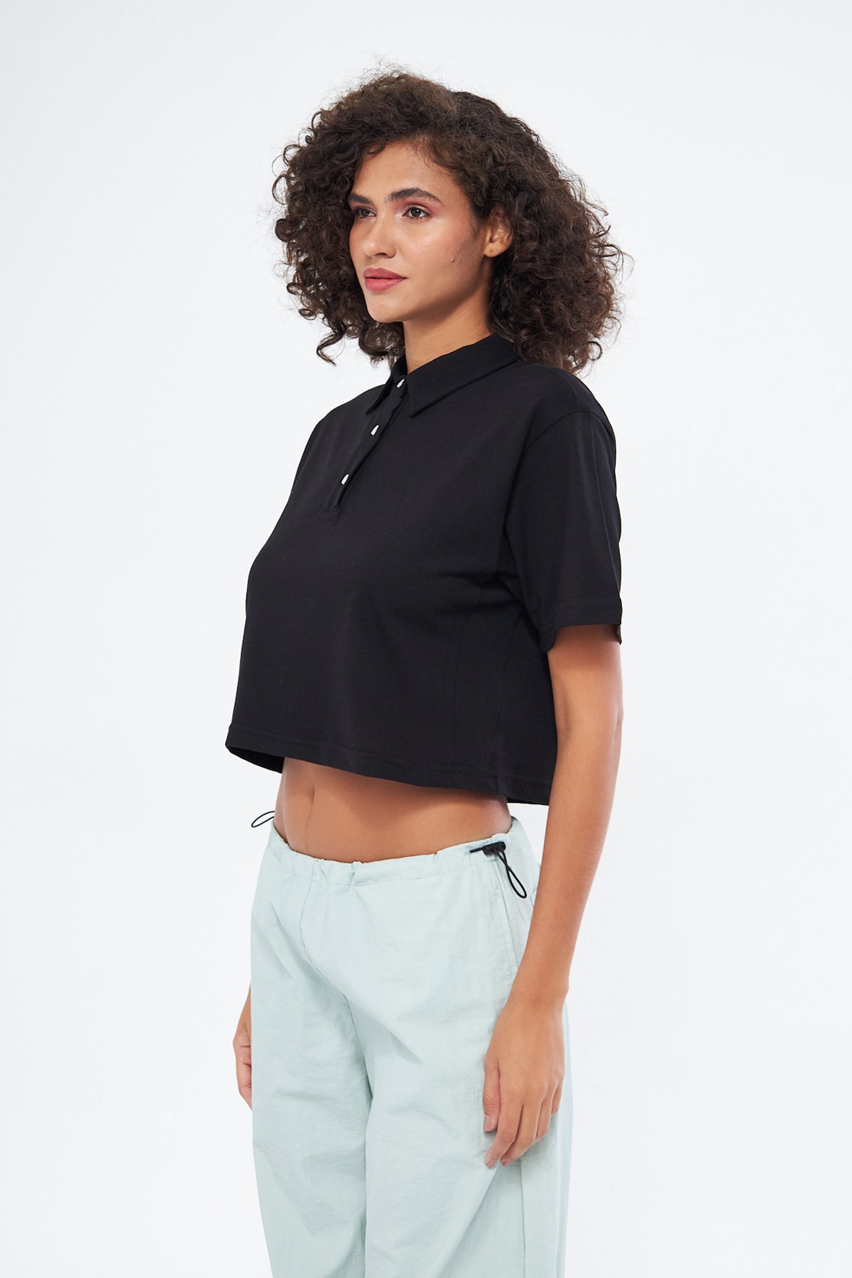 Mesfeno Women's Basic Oversize Crop Polo Collar T-Shirt