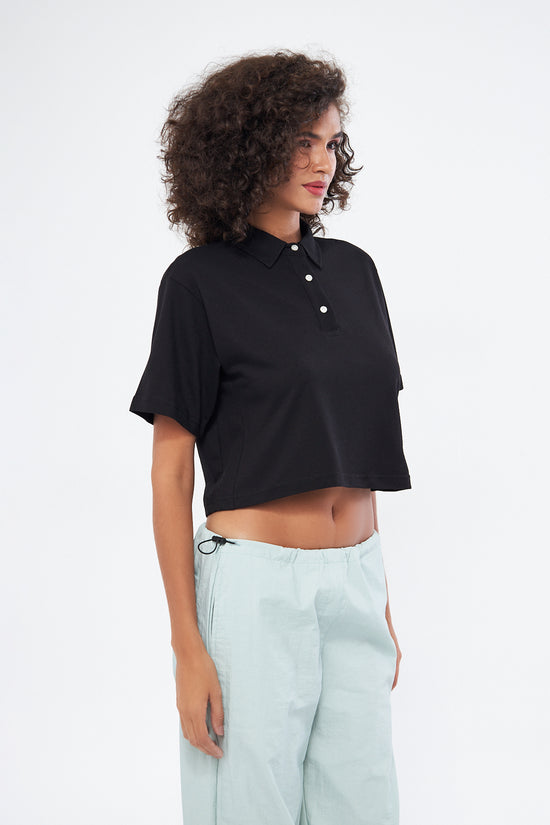 Mesfeno Women's Basic Oversize Crop Polo Collar T-Shirt