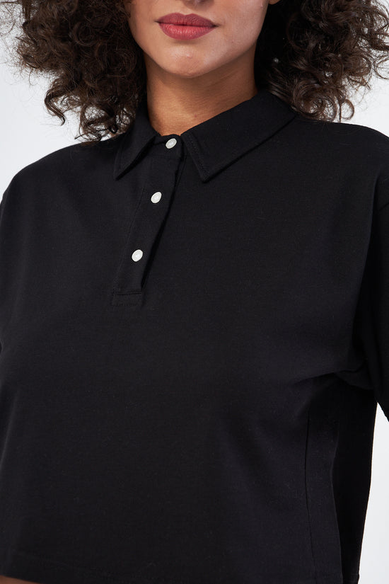 Mesfeno Women's Basic Oversize Crop Polo Collar T-Shirt