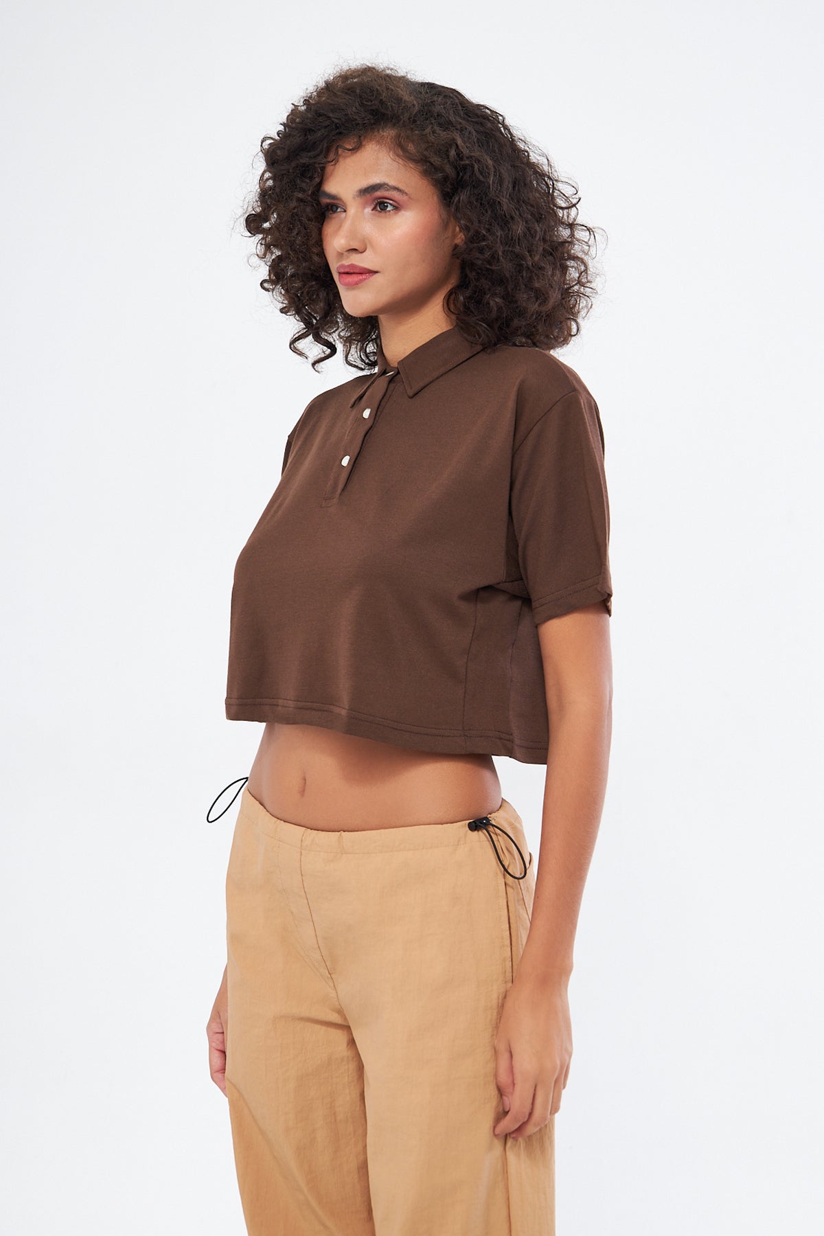Mesfeno Women's Basic Oversize Crop Polo Collar T-Shirt
