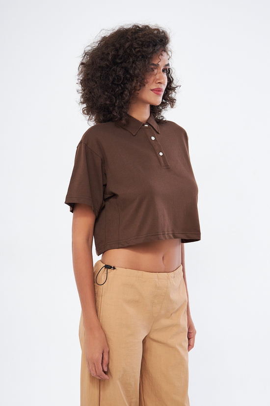 Mesfeno Women's Basic Oversize Crop Polo Collar T-Shirt