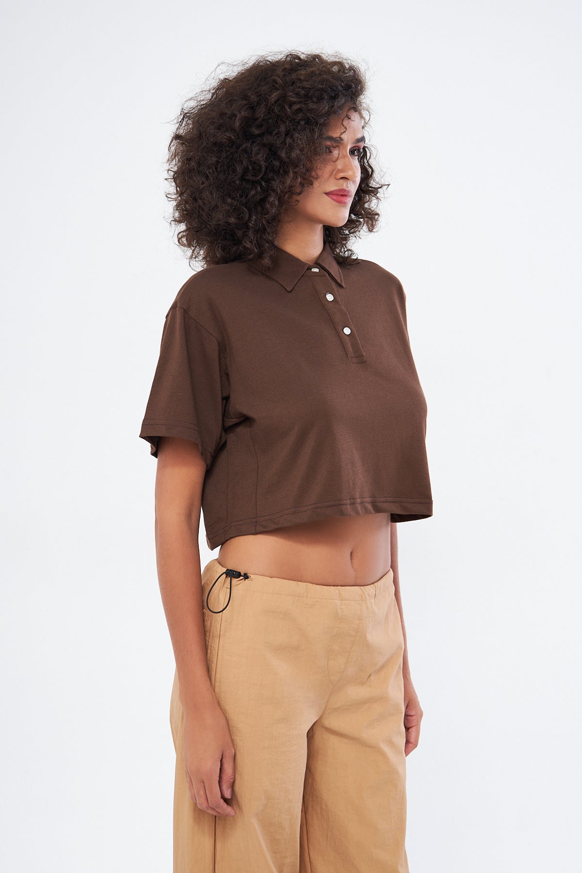 Mesfeno Women's Basic Oversize Crop Polo Collar T-Shirt