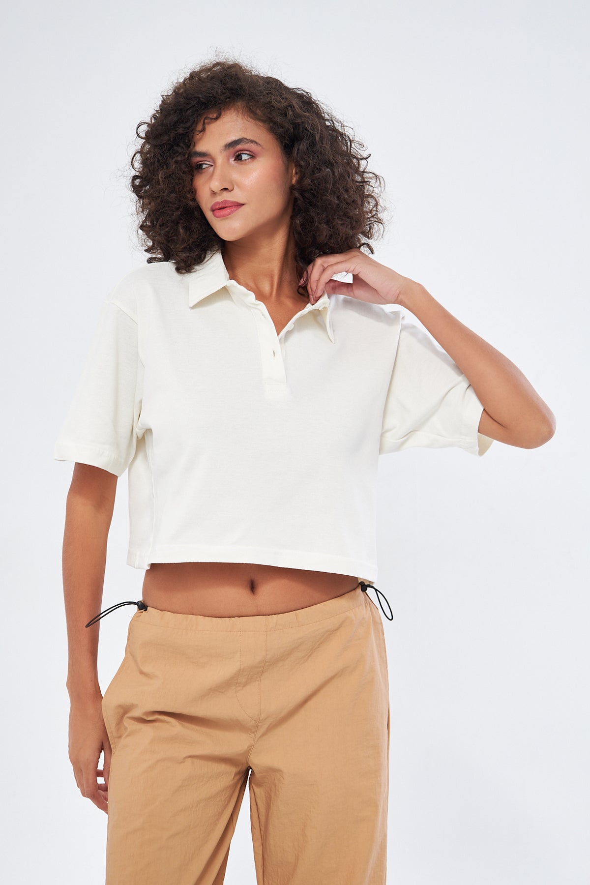 Mesfeno Women's Basic Oversize Crop Polo Collar T-Shirt