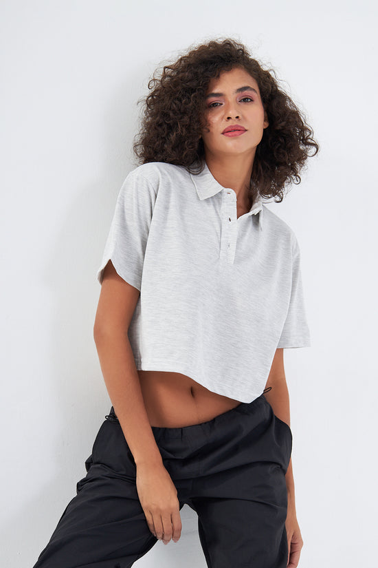 Mesfeno Women's Basic Oversize Crop Polo Collar T-Shirt
