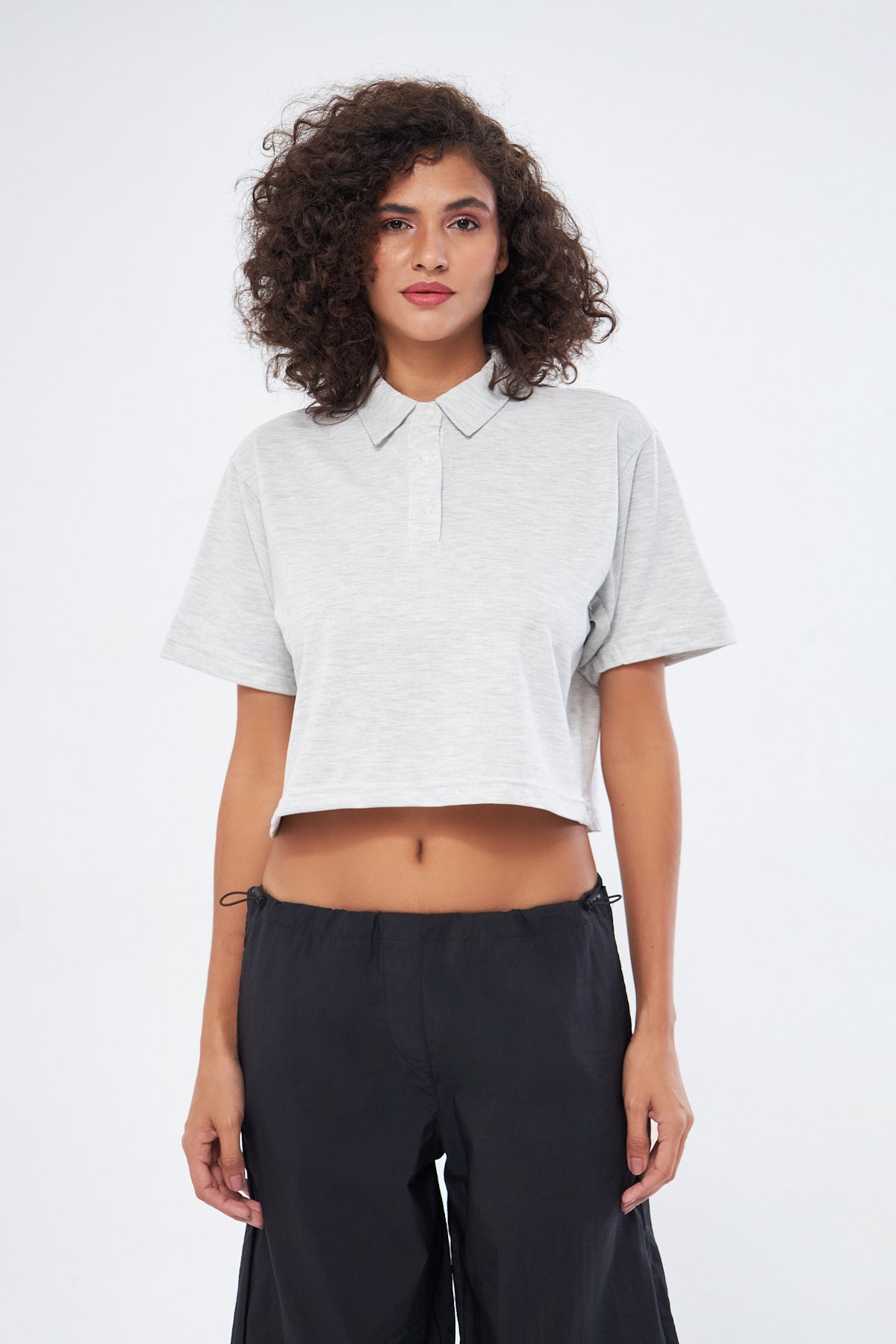 Mesfeno Women's Basic Oversize Crop Polo Collar T-Shirt