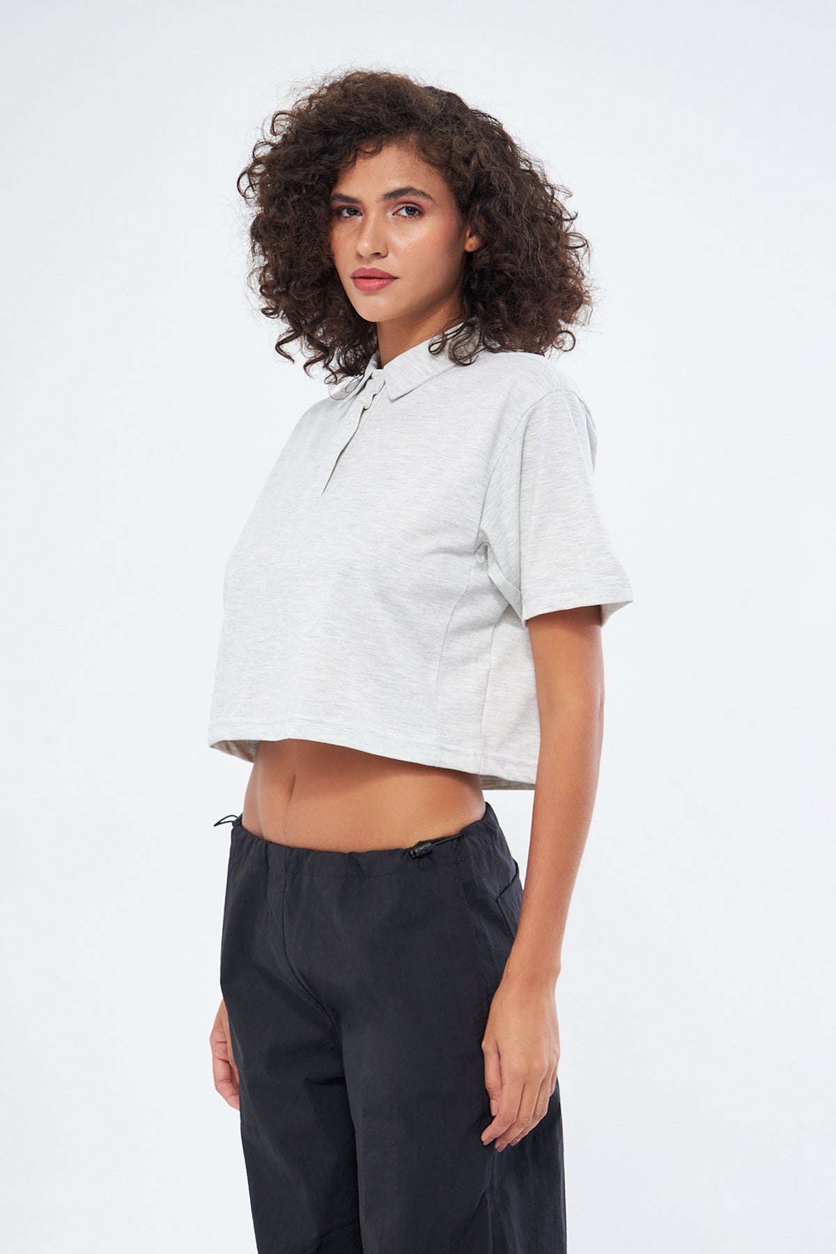 Mesfeno Women's Basic Oversize Crop Polo Collar T-Shirt