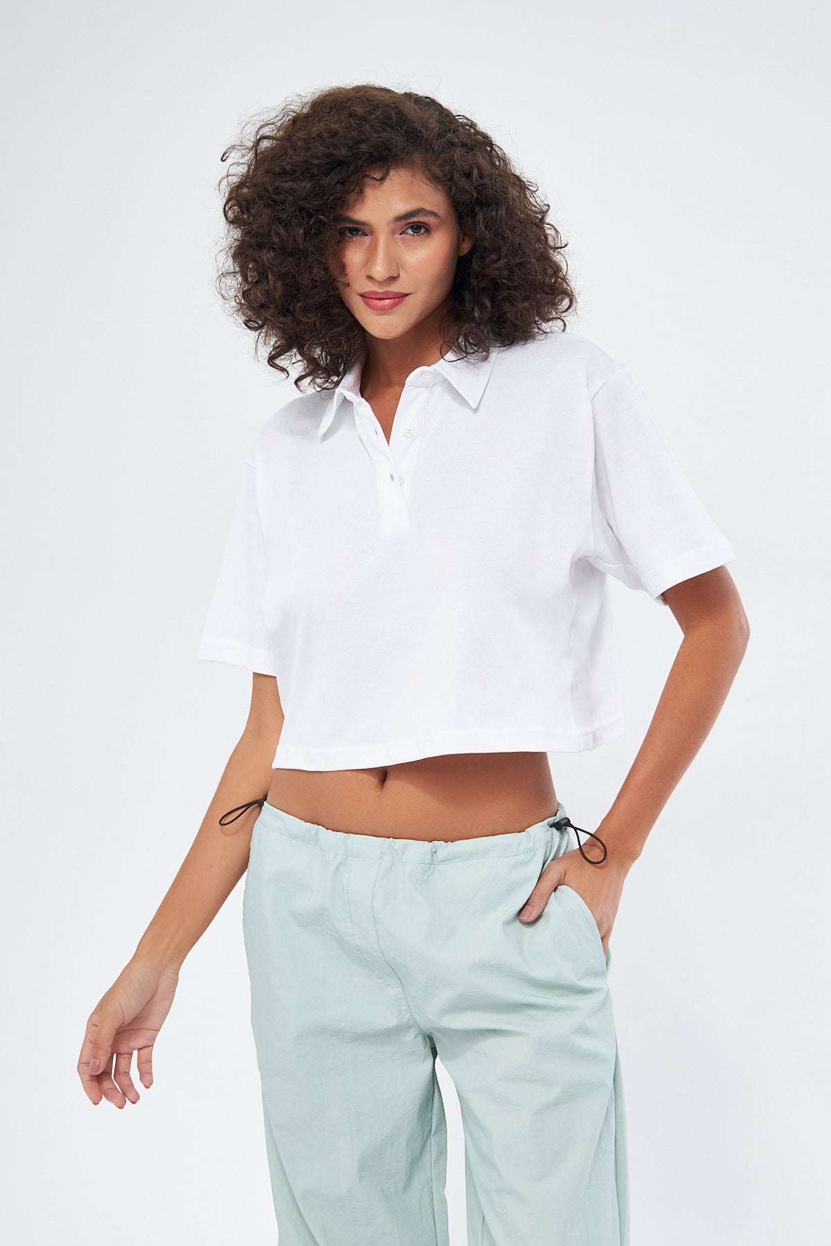 Mesfeno Women's Basic Oversize Crop Polo Collar T-Shirt