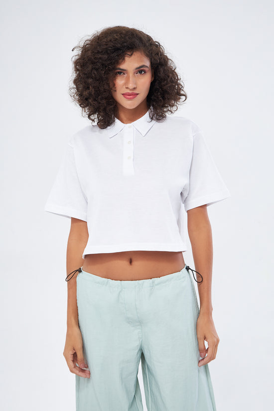Mesfeno Women's Basic Oversize Crop Polo Collar T-Shirt