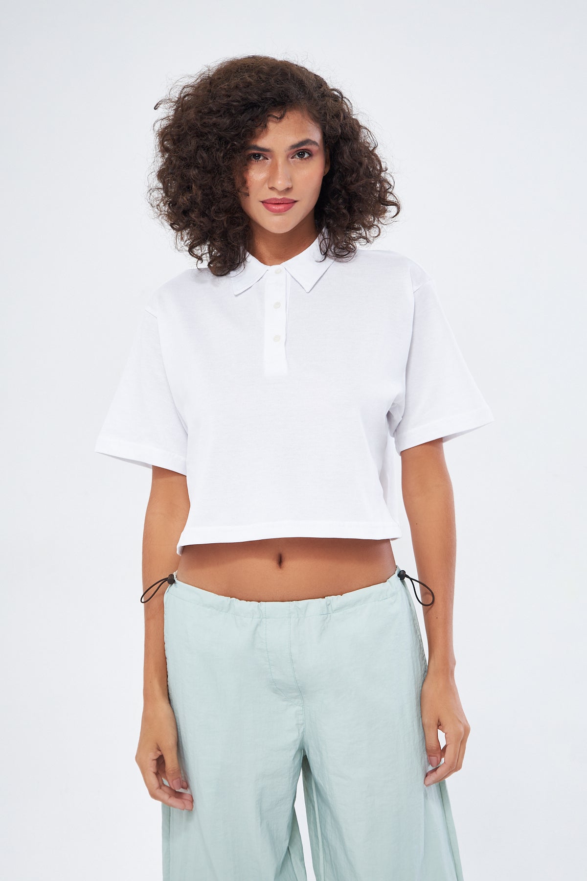 Mesfeno Women's Basic Oversize Crop Polo Collar T-Shirt
