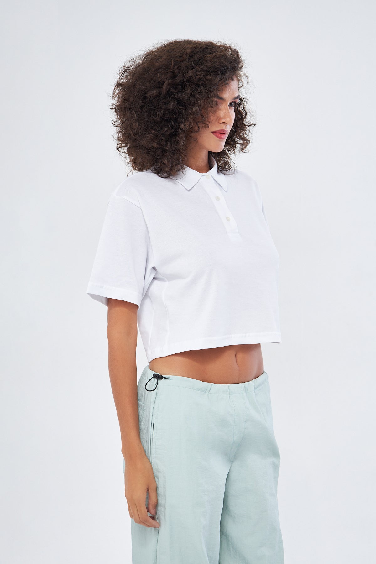 Mesfeno Women's Basic Oversize Crop Polo Collar T-Shirt