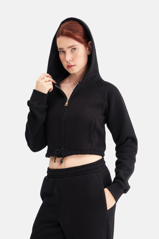 Women Zip-Up Hooded Crop Sweatshirt
