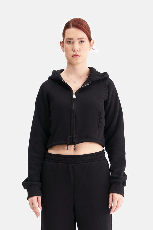 Women Zip-Up Hooded Crop Sweatshirt