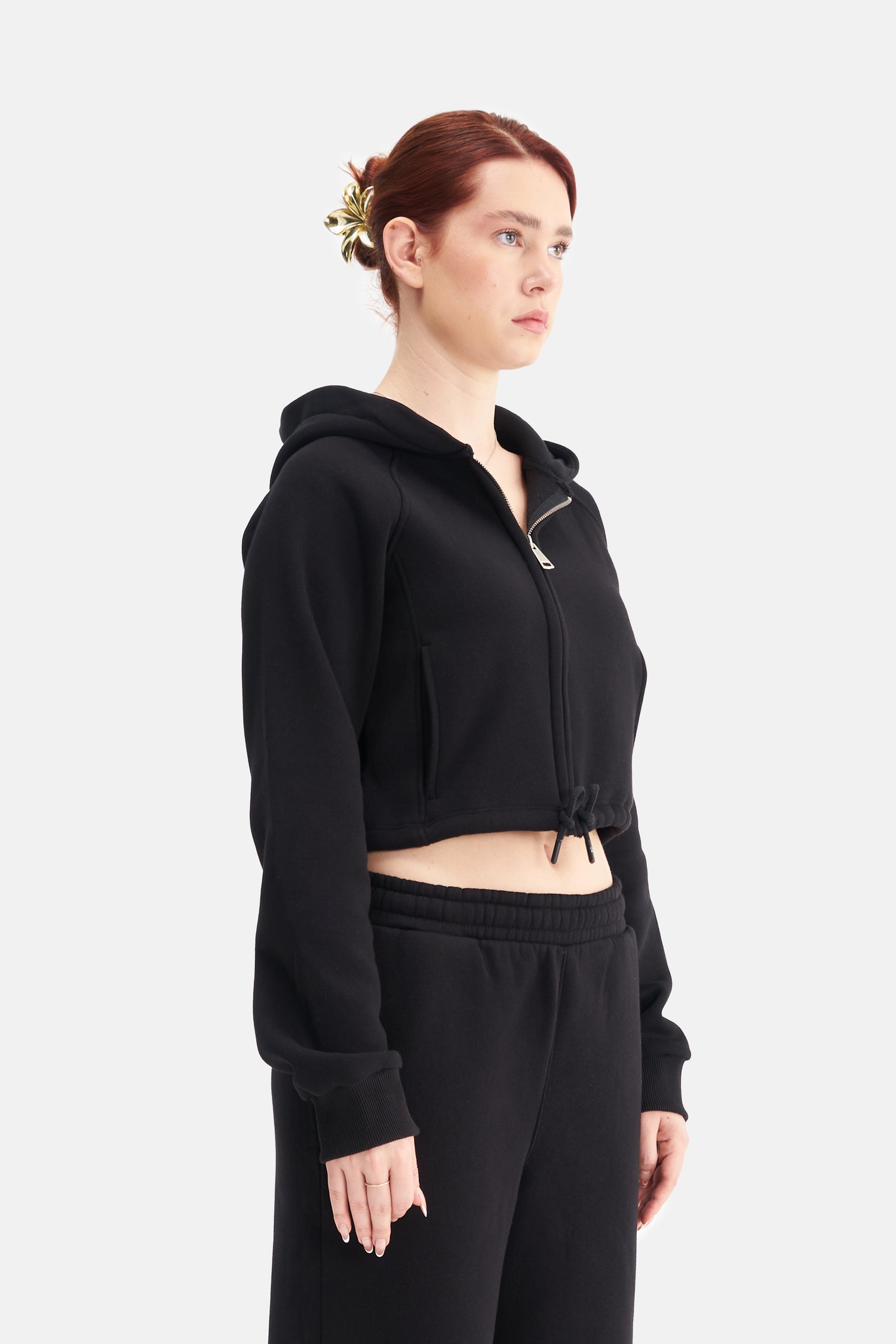 Women Zip-Up Hooded Crop Sweatshirt
