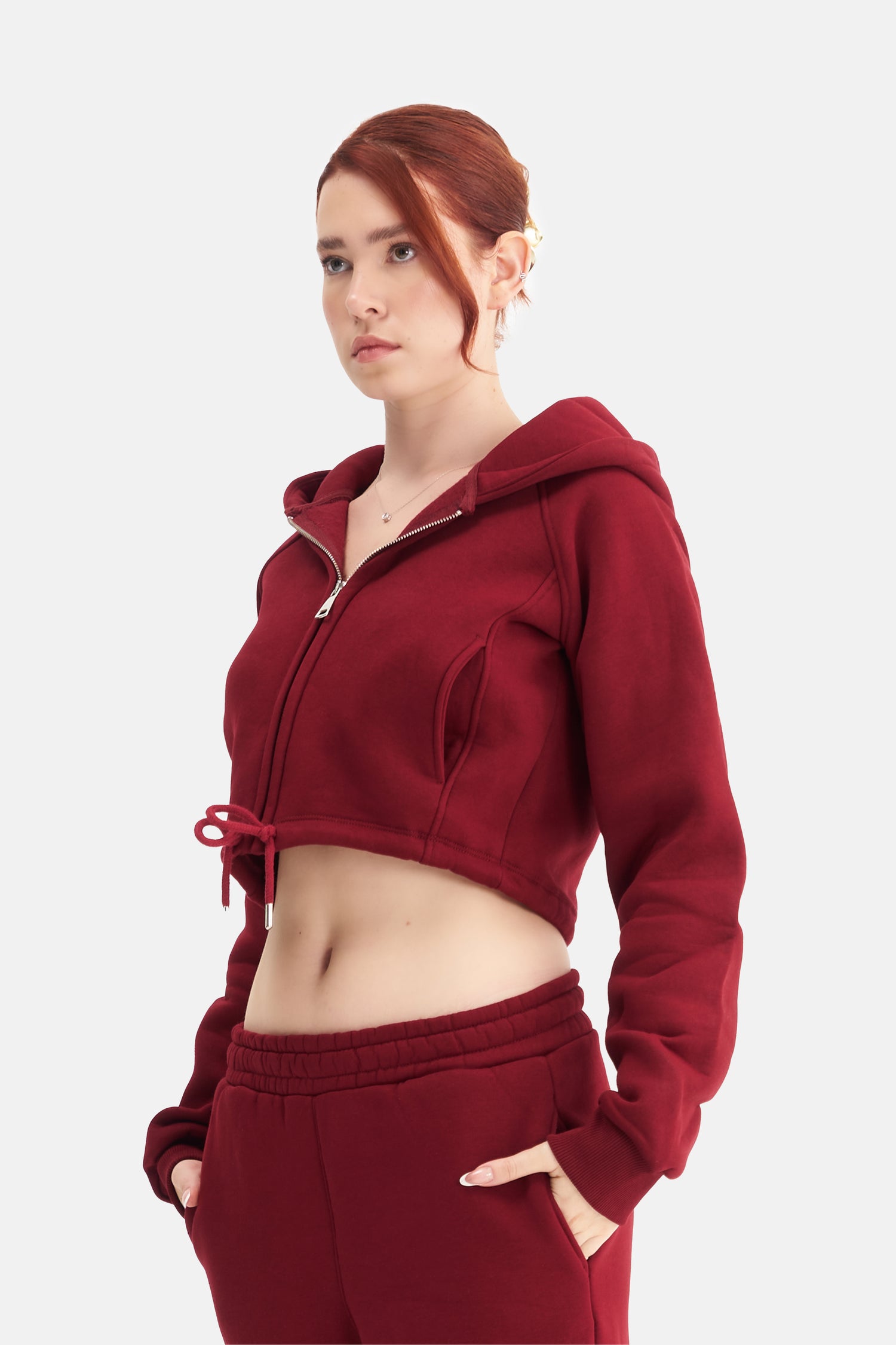 Women Zip-Up Hooded Crop Sweatshirt