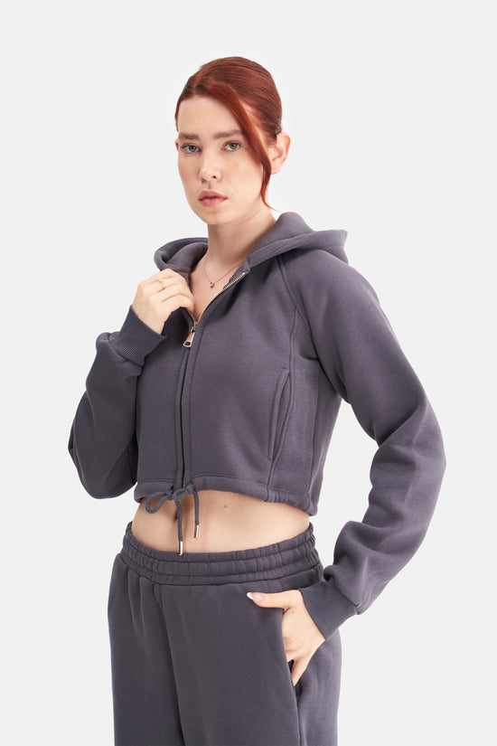Women Zip-Up Hooded Crop Sweatshirt