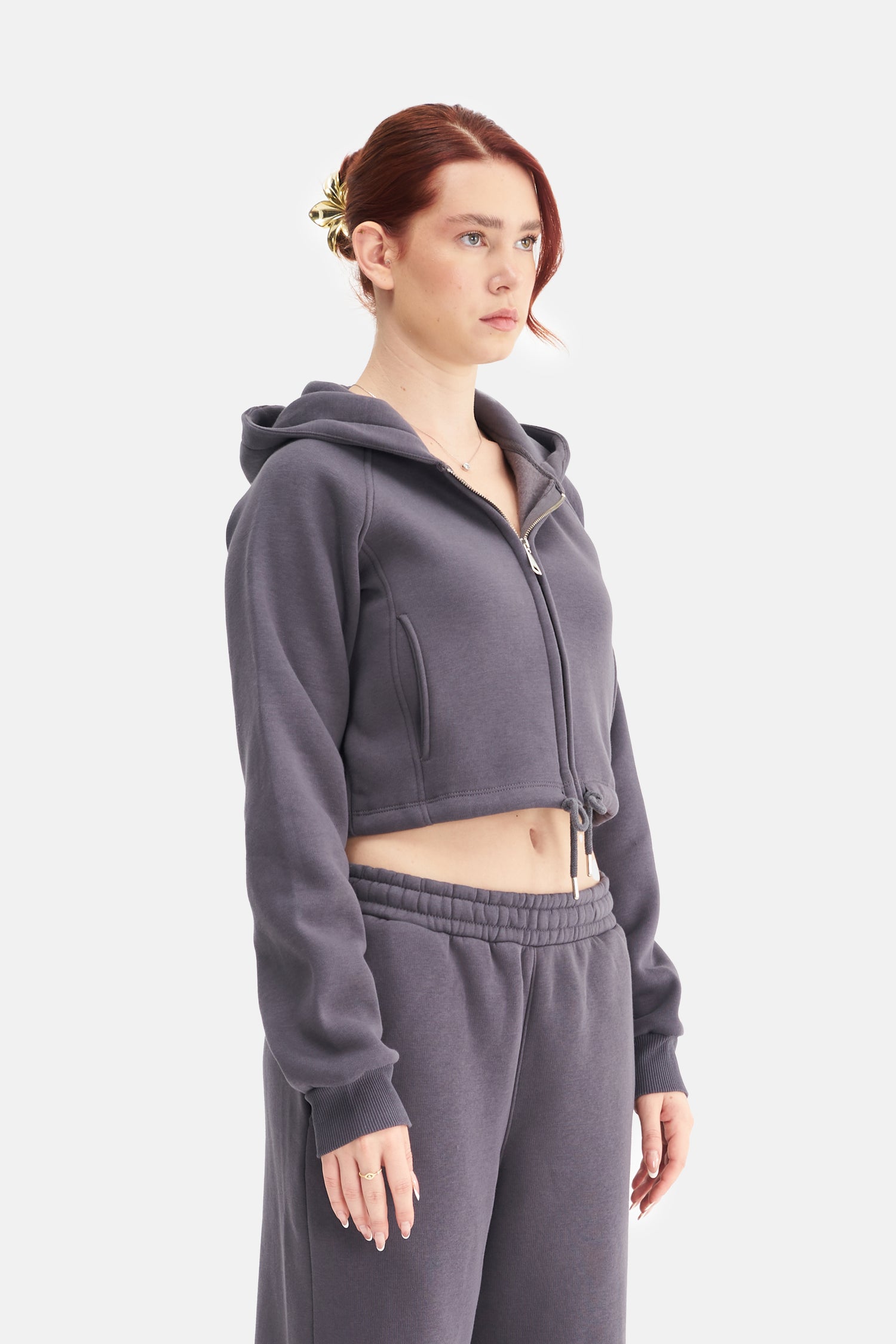 Women Zip-Up Hooded Crop Sweatshirt