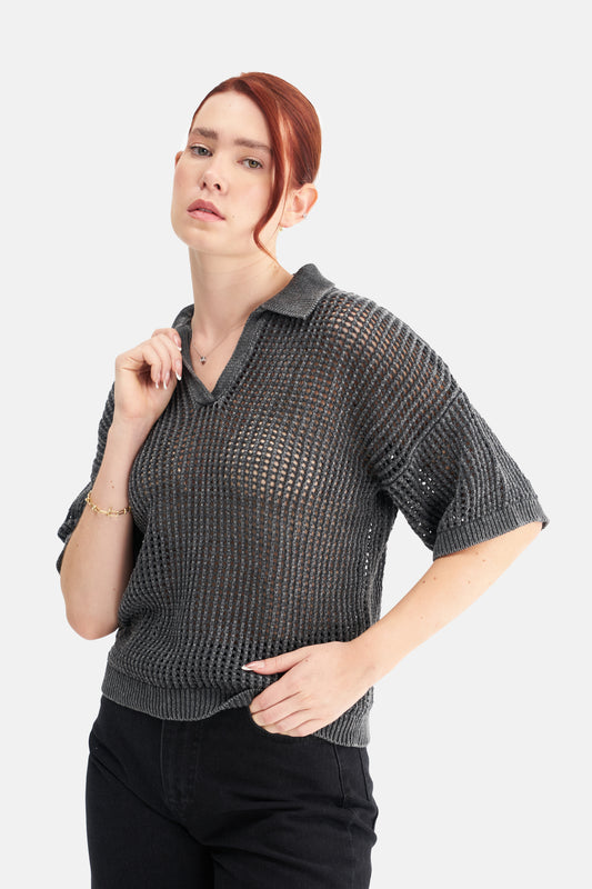 Mesfeno Women's Effect Washed Short-Sleeve Collared Knit Sweater