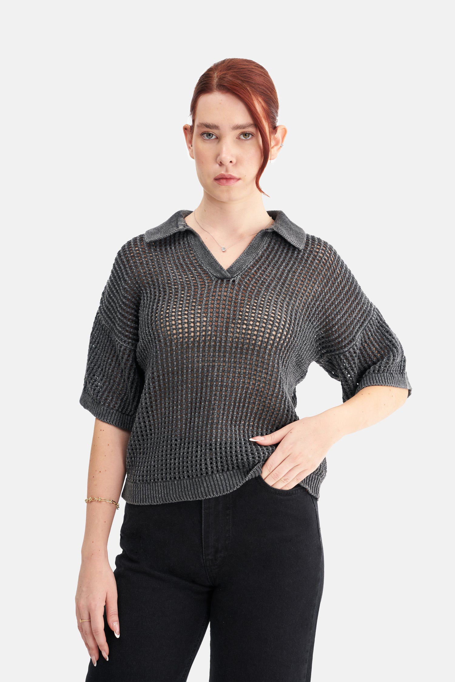 Mesfeno Women's Effect Washed Short-Sleeve Collared Knit Sweater